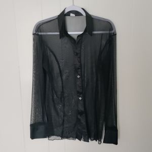 Vintage Y2K Black Mesh Button up shirt satin Goth Club 90s